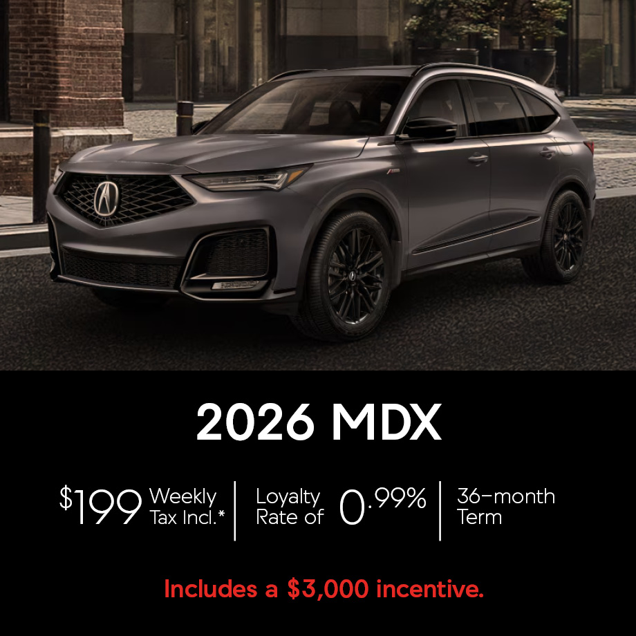 2026 Acura MDX June Offer, photo of dark gray metallic MDX parked.