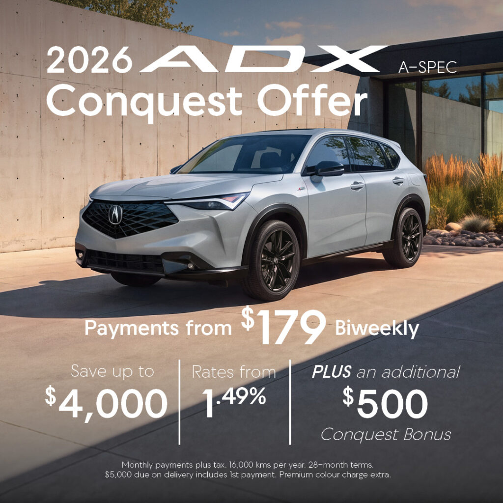 2026 ADX A-Spec, Conquest Offer for New Customers. Photo of Acura SUV parked in front of home.