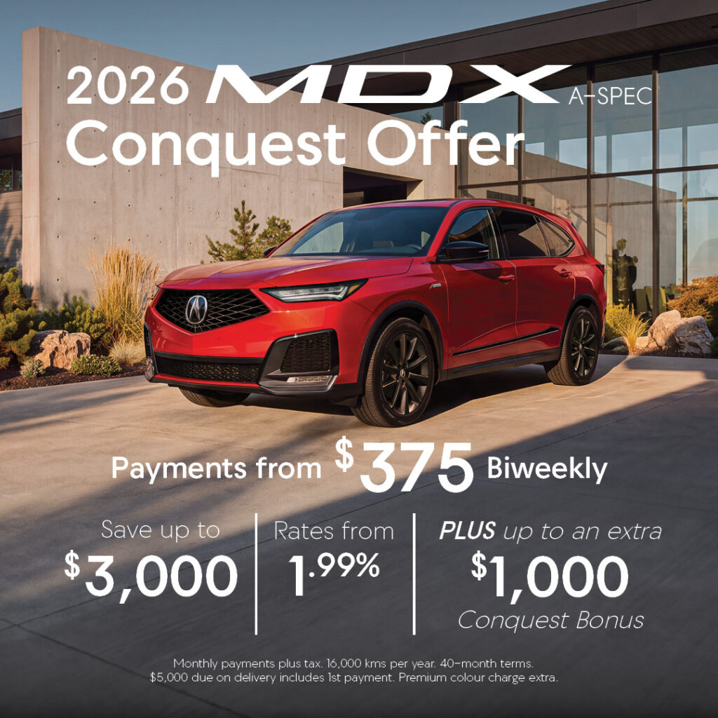 2026 MDX A-Spec, Conquest Offer for New Customers. Photo of Acura SUV parked in front of home.