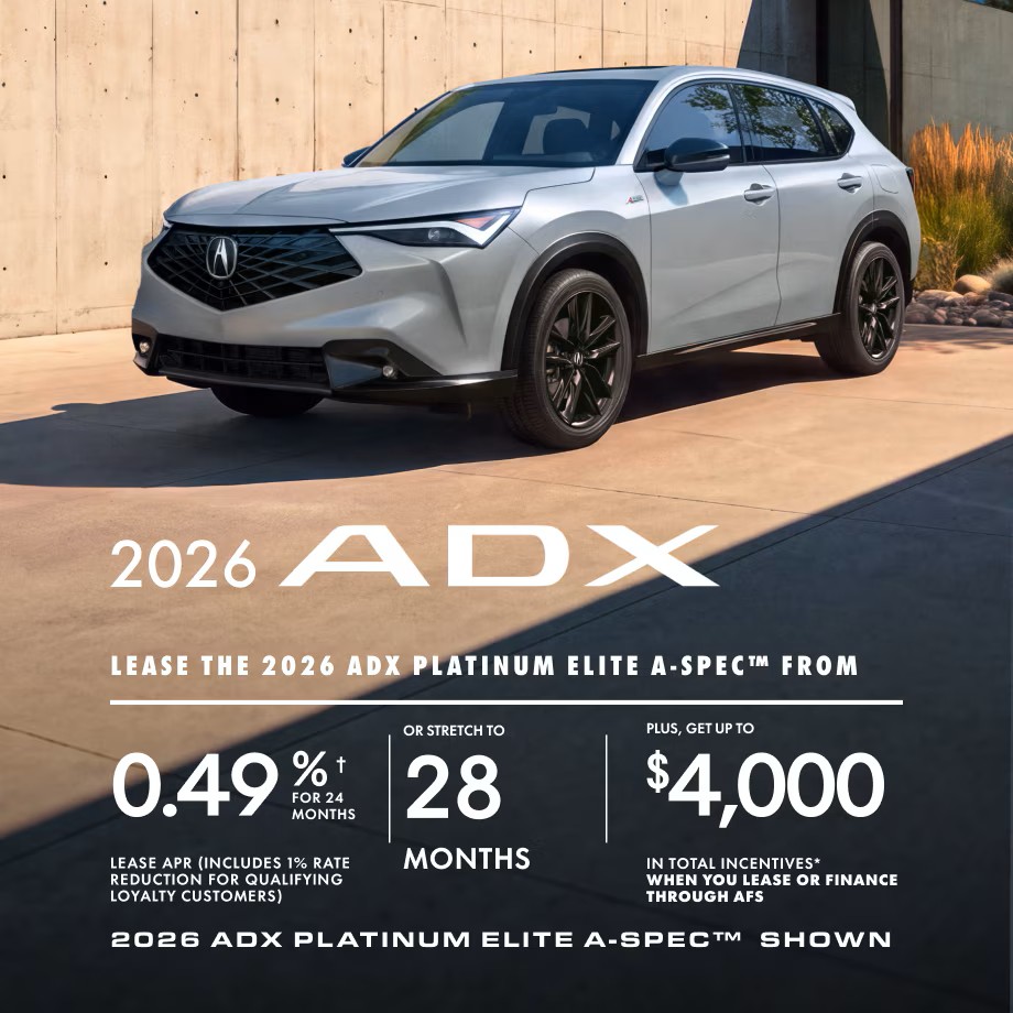 2026 Acura ADX October Offer, Photo of Silver Acura SUV parked in front of home.