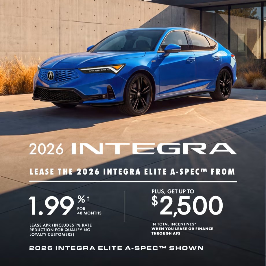 2026 Acura Integra October Offer, Photo of Blue Acura Sedan parked in front of home.