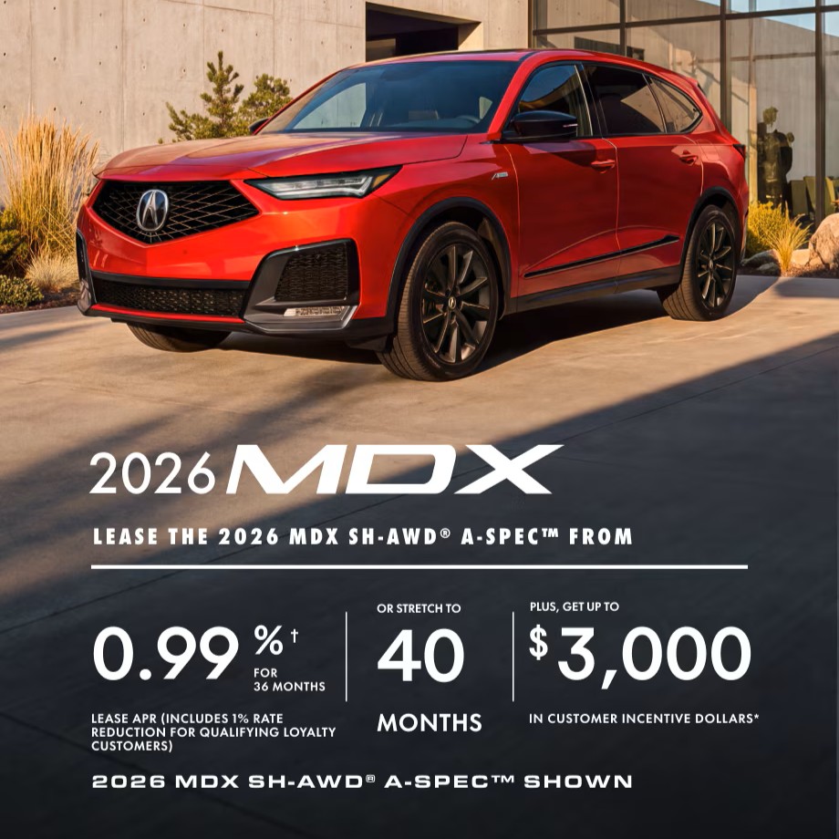 2026 Acura MDX October Offer, Photo of Red Acura SUV parked in front of home.