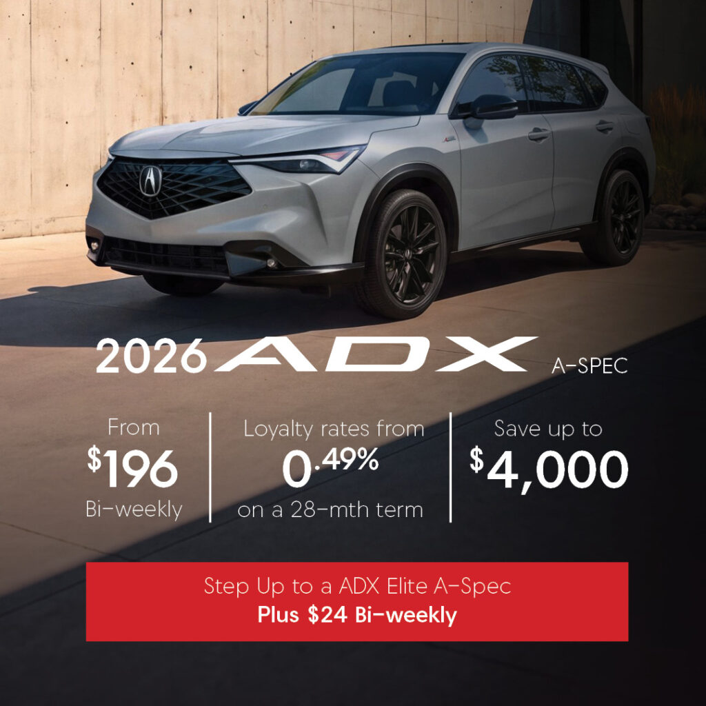 2026 Acura ADX A-Spec Step Up Sales Offer at Acura Sherway. With Silver Acura ADX parked in front of home.