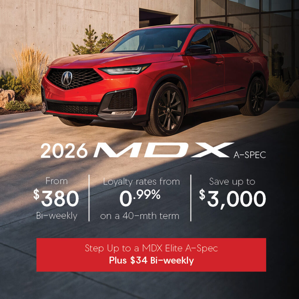 2026 Acura MDX A-Spec Step Up Sales Offer at Acura Sherway. With Red Metallic Acura MDX parked in front of home.